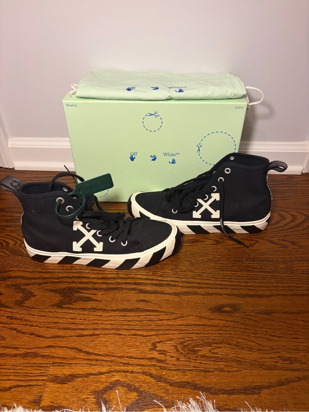 Off-White Black Canvas High-Top Sneakers with Diagonal Stripe Sole